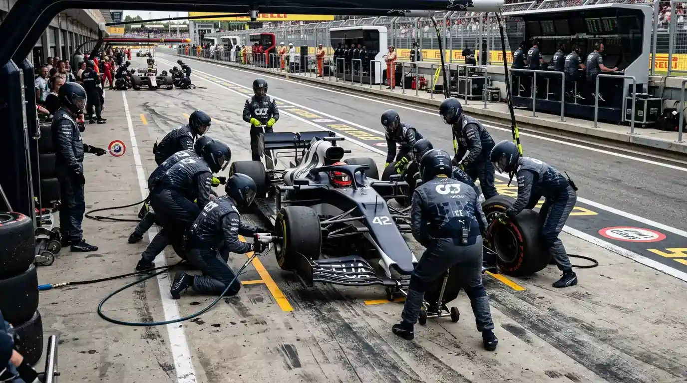 F1-pitstraat tijdens een Grand Prix met monteurs die banden wisselen