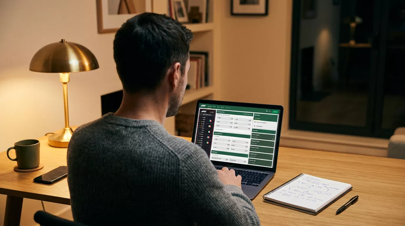 Overzicht van verschillende F1-weddenschappen op een laptop naast een racebaan