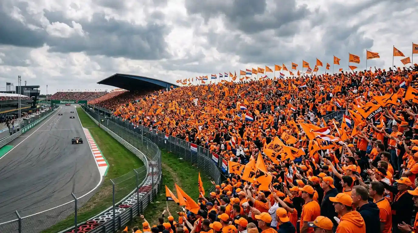 Oranje-gekleurde F1-tribune vol fans met een racecircuit op de achtergrond